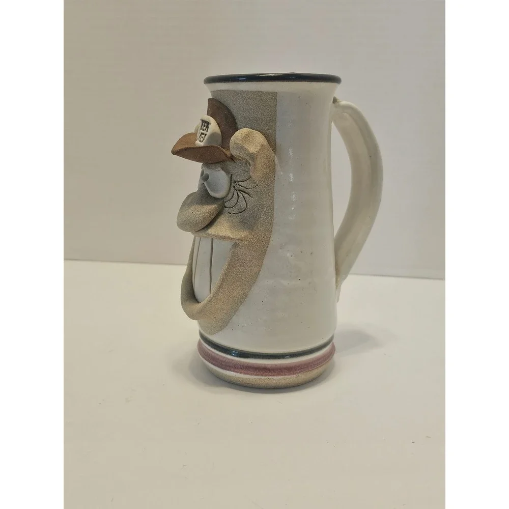 Vtg 80s Mahon Stoneware Ugly Face Beer Stein Mug 3D BEER LOVER 38fl oz signed